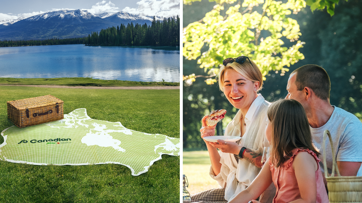 Sobeys So Canadian picnic by the lake with basket and map-shaped blanket. Right: A smiling family enjoys a sunny picnic in a park, surrounded by greenery.