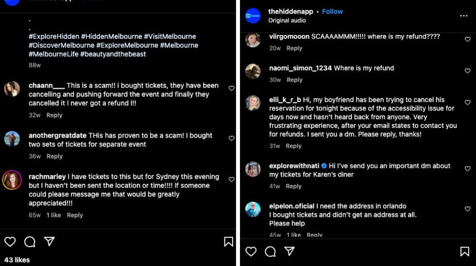 Social media users asking for refunds or warning others of a "scam" in the comments on an Explore Hidden post.