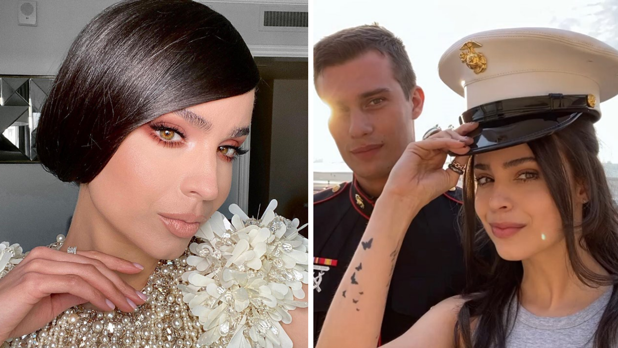 Sofia Carson in a dress and glam. Right: Sofia Carson with her 'Purple Hearts' co-star, Nicholas Galitzine, in uniform.