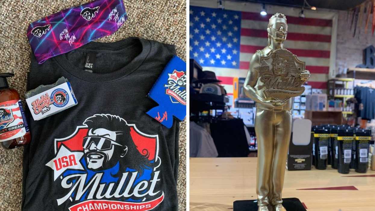 Some merch for the USA Mullet Championships. Right: A trophy from the competition.