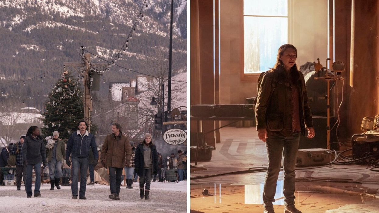 Some of The Last Of Us cast in Canmore. Right: Anna Torv at the Alberta Legislature building.