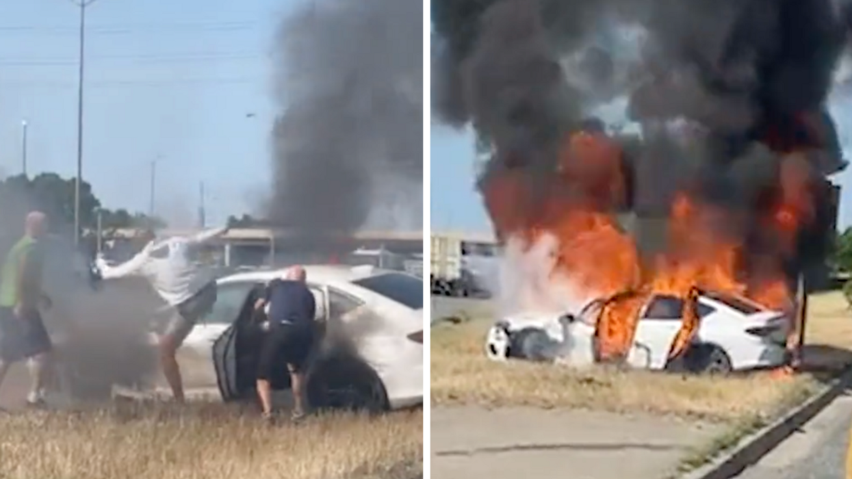 Some of the men going to rescue the driver from the burning car. Right: The car caught on flame.