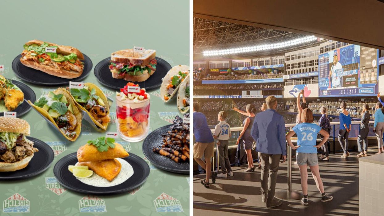 Some of the new food available at Rogers Centre in 2023. Right: A rendering of the new Schneiders Porch.