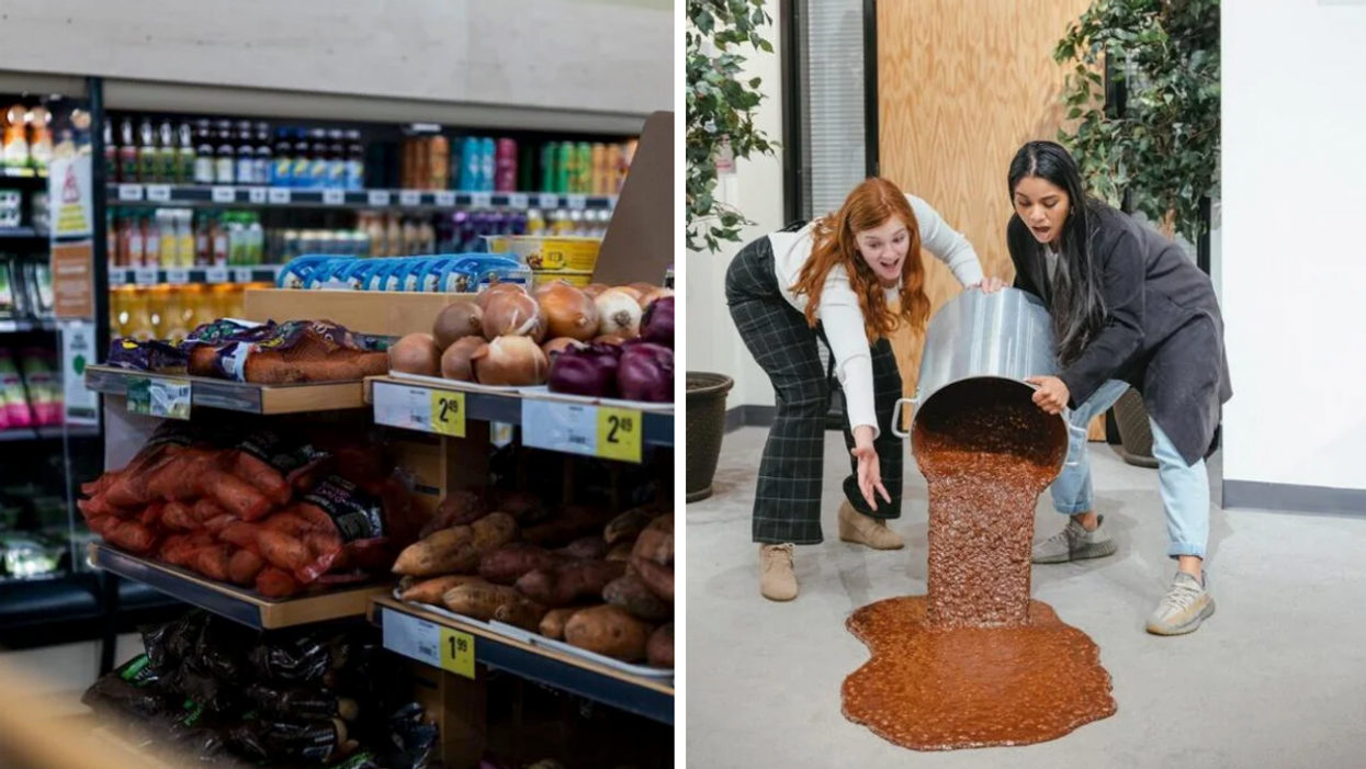 Some produce in a supermarket. Right: Two women spilling a pot of chili.
