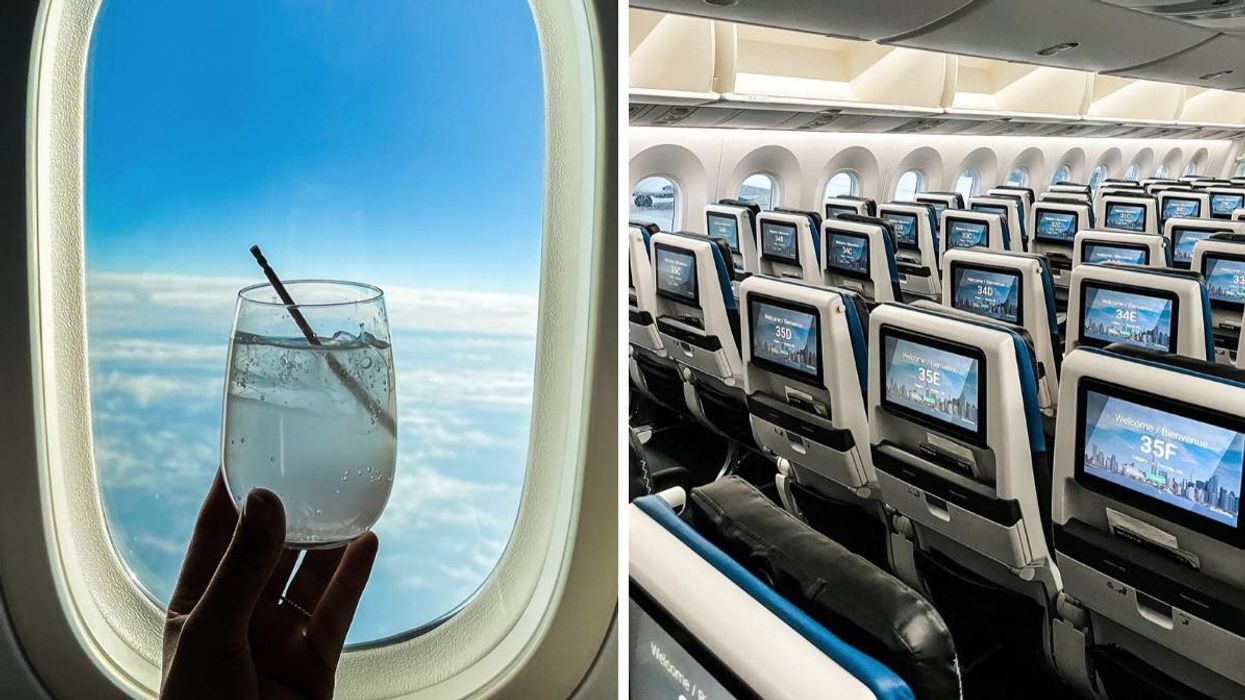 Somebody holding a glass beside a plane window. Right: Rows of WestJet flight seating.