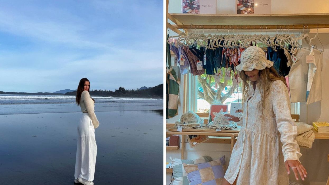 Someone at a beach. Right: Person in a shop.