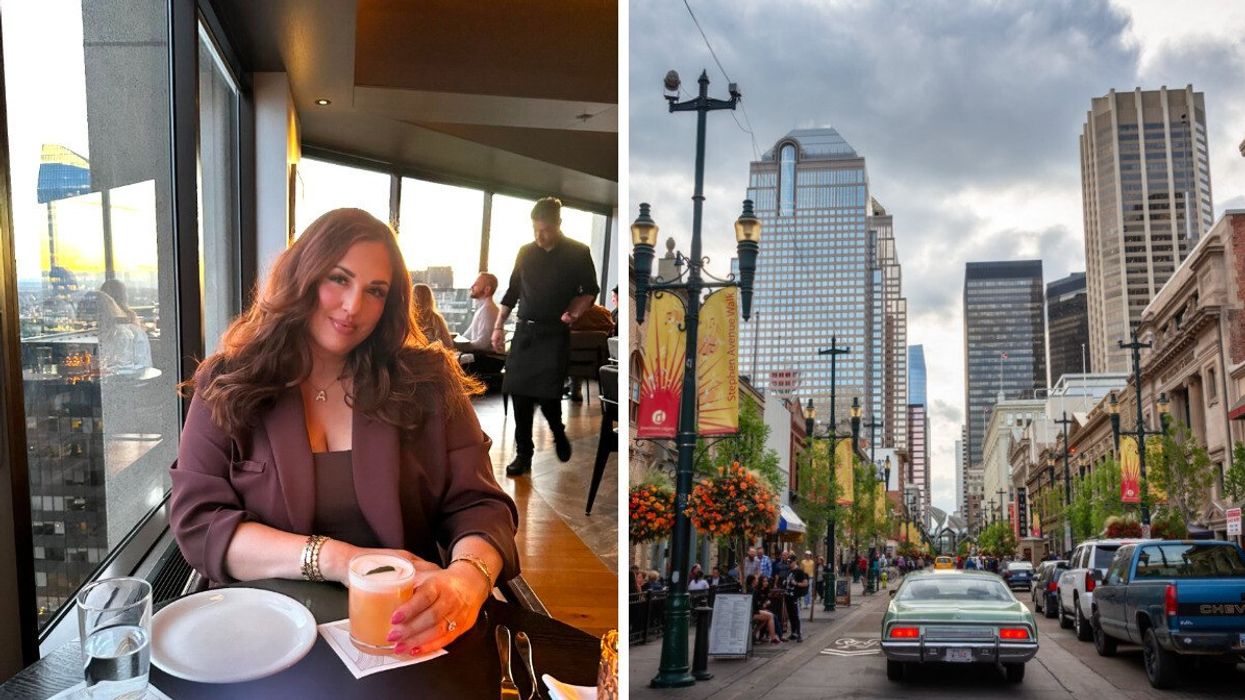 Someone at a restaurant. Right: A city street.