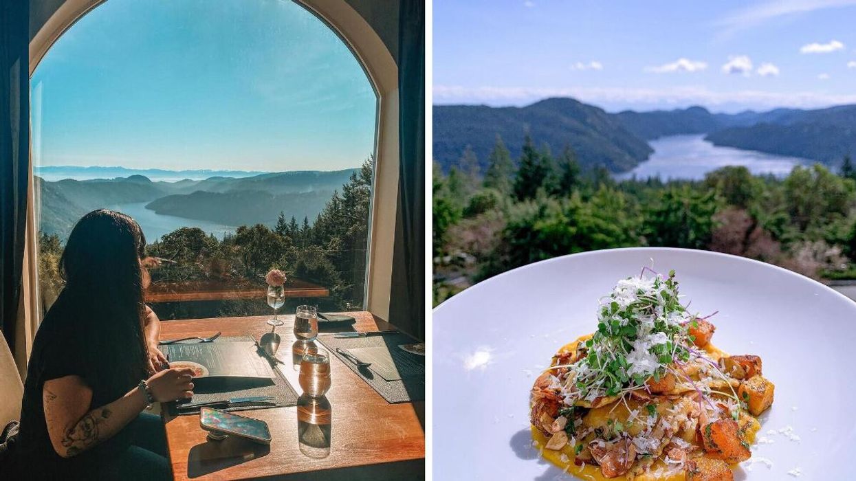 Someone at a table in Alpina Restaurant. Right: A dish of food with set against the Saanich Inlet.