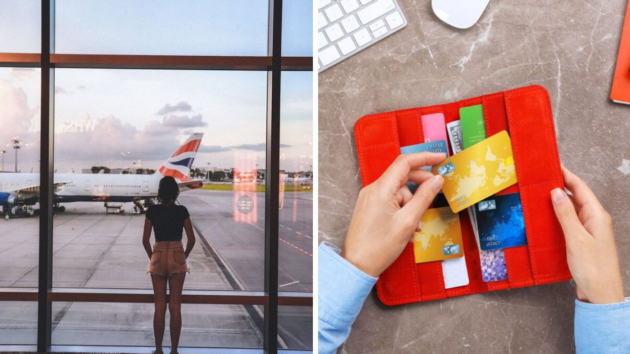 Someone at an airport. Right: Credit cards in a wallet.