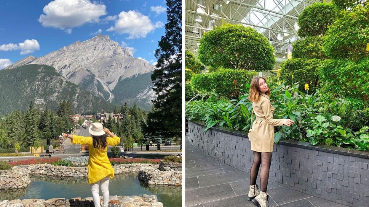 Someone at Cascade Of Time Gardens in Banff. Right: Someone at Devonian Gardens in Calgary.