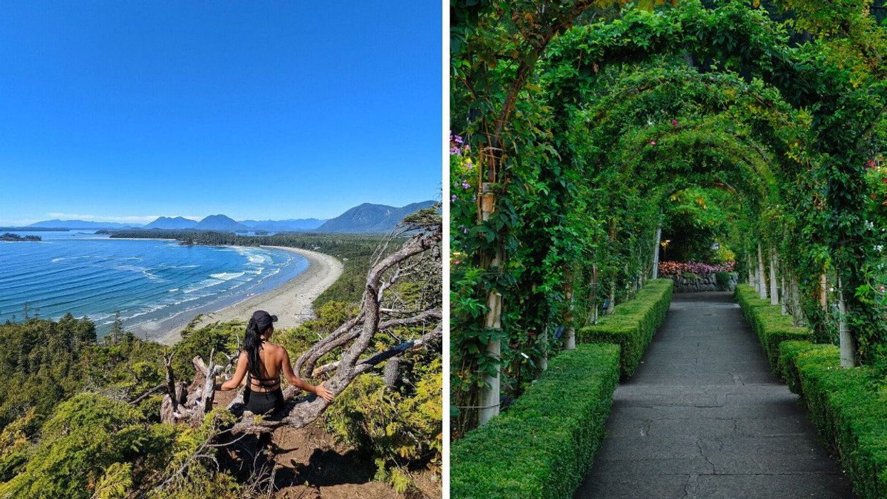 Someone at Cox Bay Lookout, Right: Butchart Gardens in B.C.