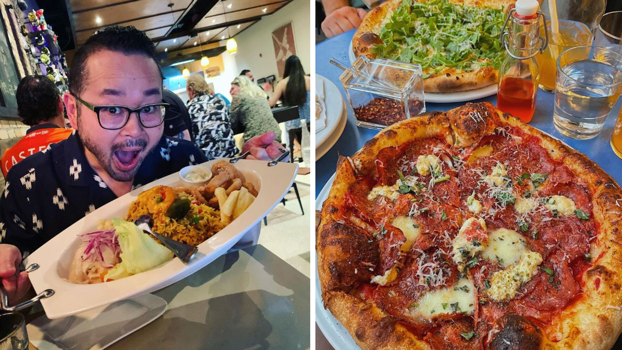 Someone at El Inka. Right: Pizza at Son of A Peach Pizza.