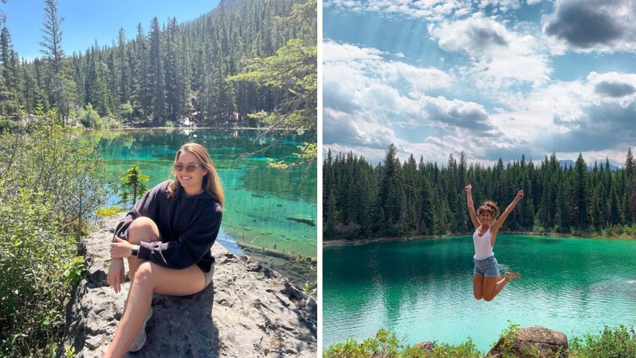 Someone at Grassi Lakes. Right: Someone at the Valley of the Five Lakes.