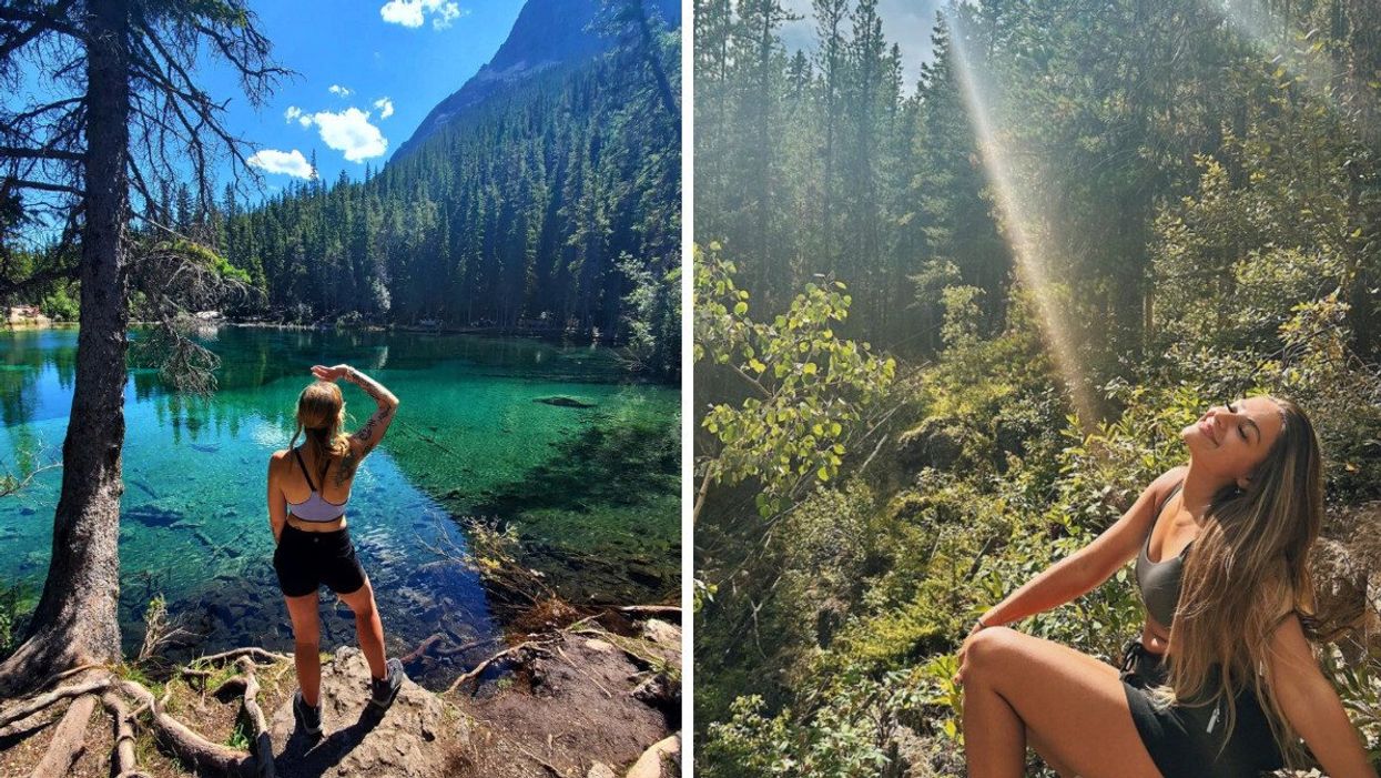 Someone at Grassi Lakes. Right: Someone on the Troll Falls trail