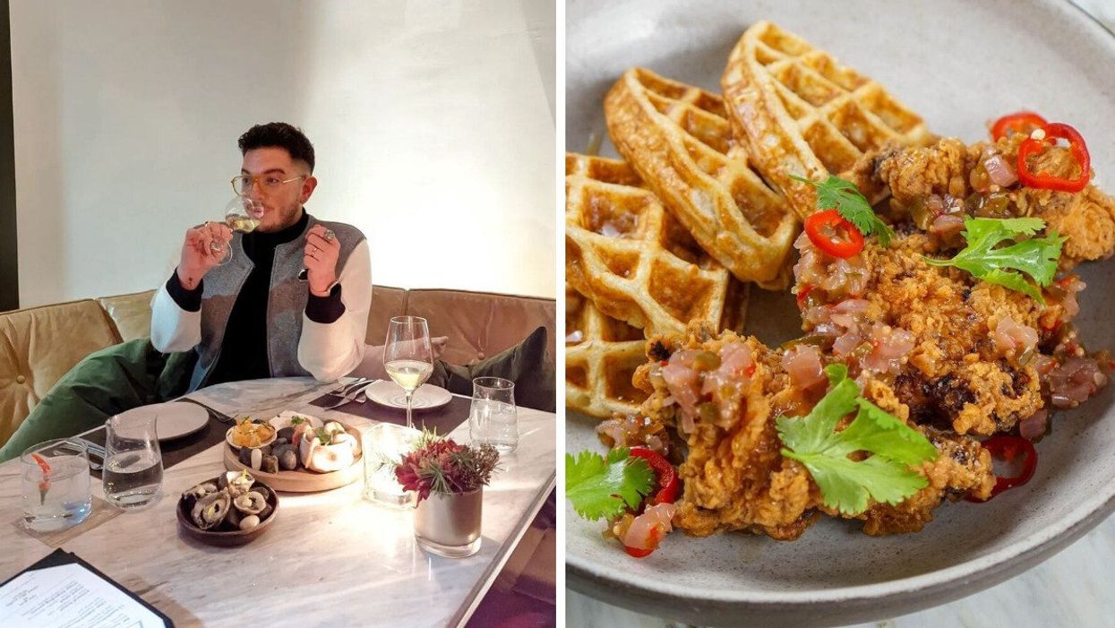 Someone at Hawksworth Restaurant in Vancouver. Right: chicken and waffles from Hawksworth Restaurant.