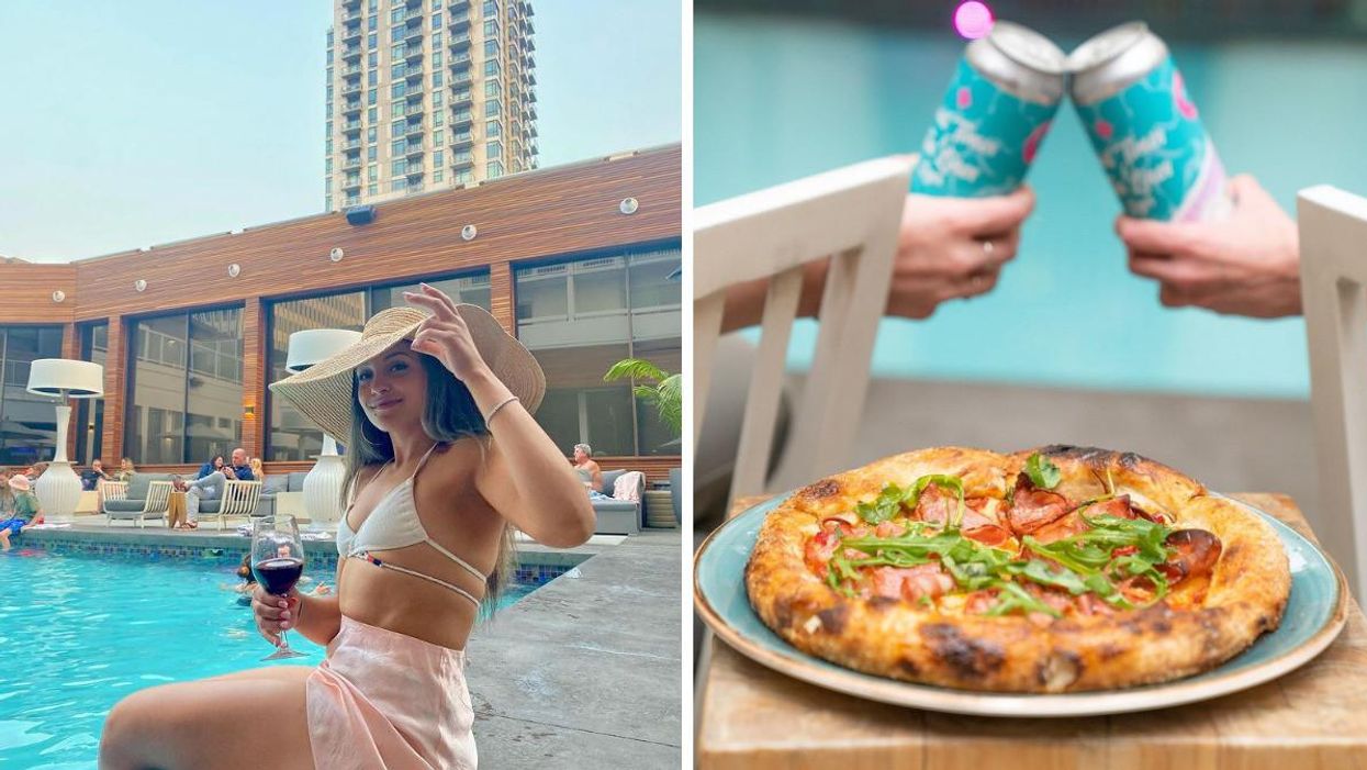 Someone at Hotel Arts Poolside. Right: Pizza and beer at Hotel Arts.