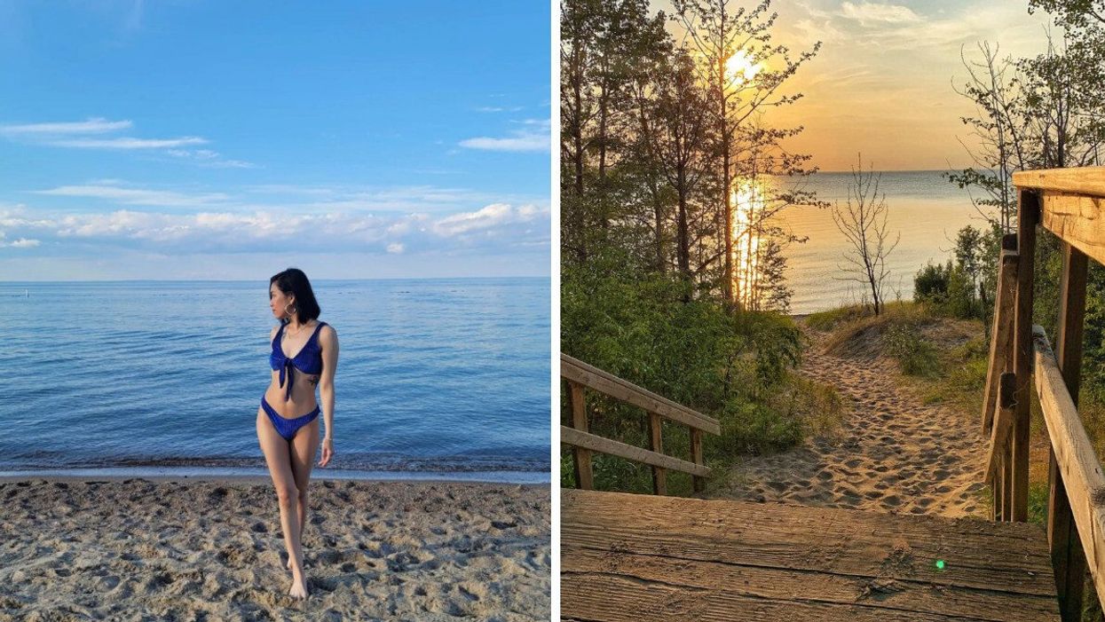 Someone at Kinosoo Beach in Alberta. Right: Devonshire Beach in Alberta