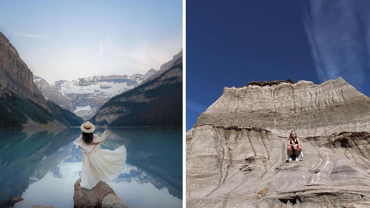 Someone at Lake Louise. Right: Someone at Dinosaur Provincial Park.