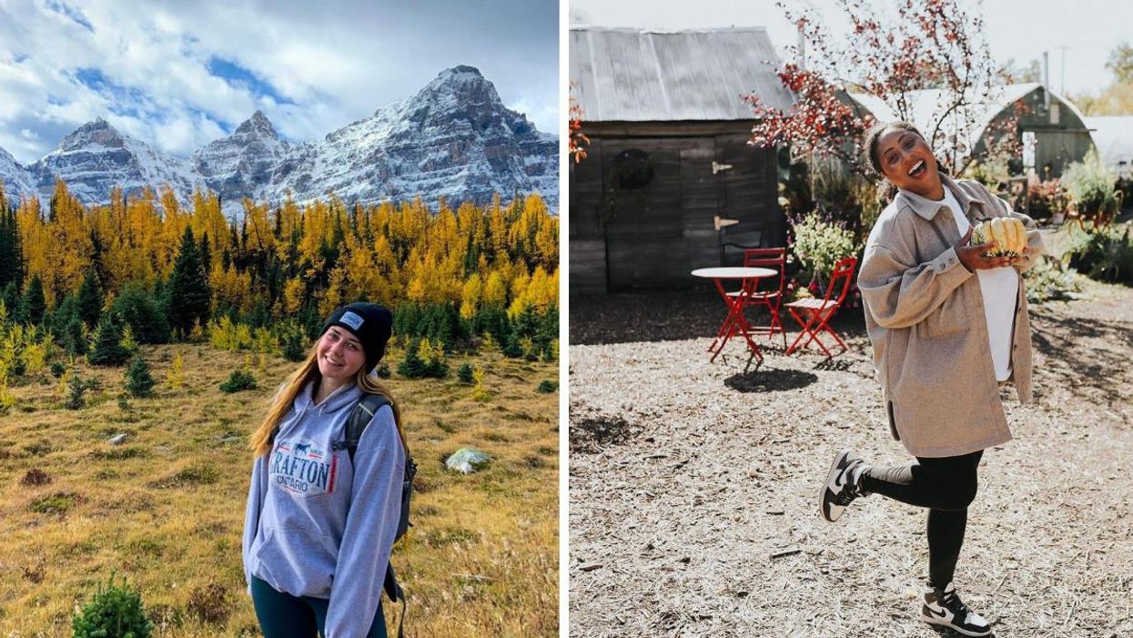 Someone at Larch Valley. Right: Someone at a pumpkin patch.