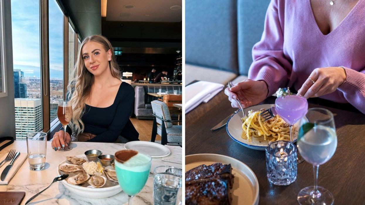 Someone at Major Tom in Calgary. Right: Food and drinks at Major Tom.