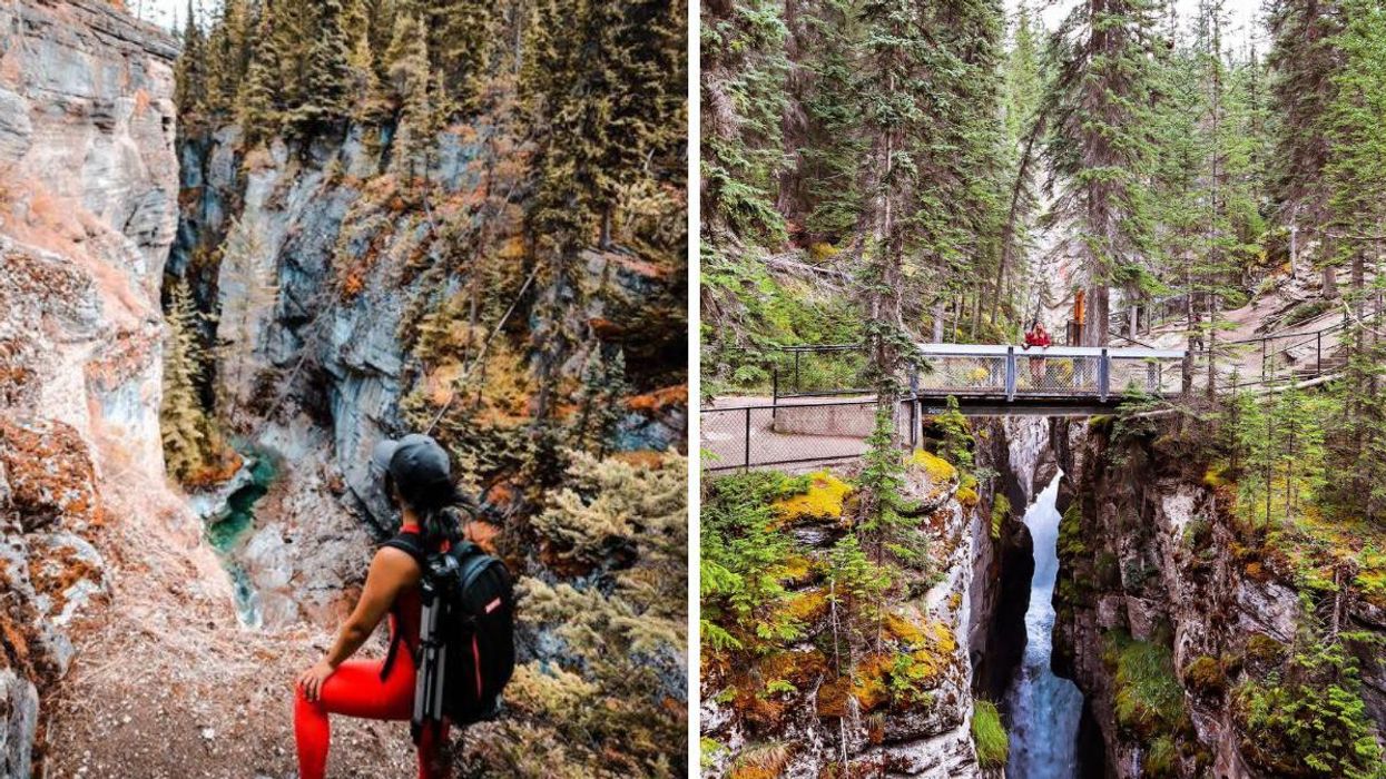 Someone at Maligne Canyon. Right: A bridge in Maligne Canyon.