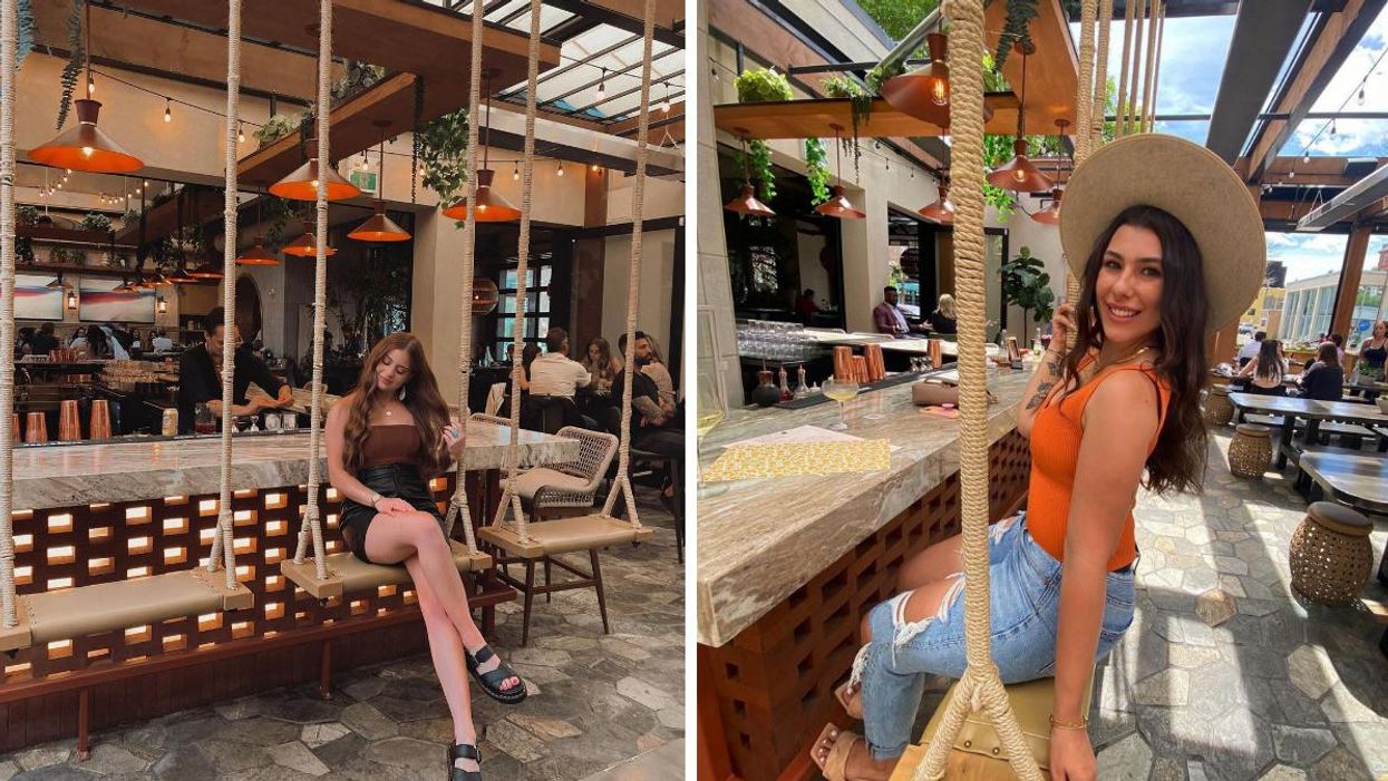 Someone at Porch. Right: Someone on a swing at Porch.