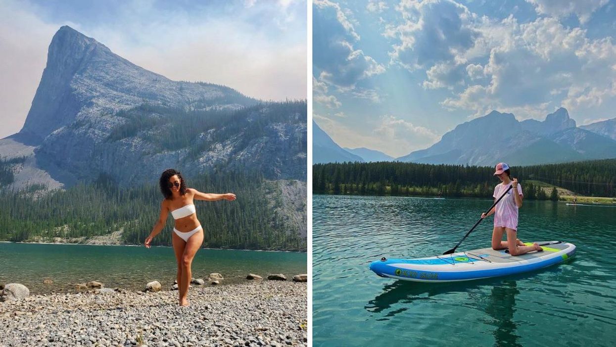 Someone at Quarry Lake. Right: Someone paddleboarding on Quarry Lake.