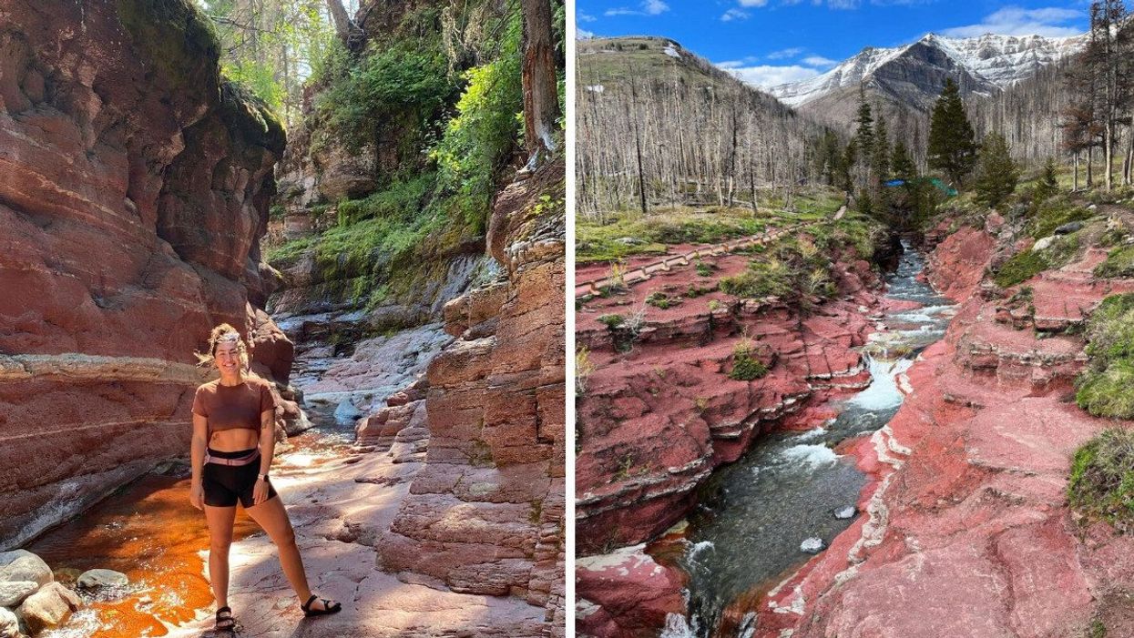 Someone at Red Rock Canyon. Right: Red Rock Canyon at Waterton Lakes National Park.