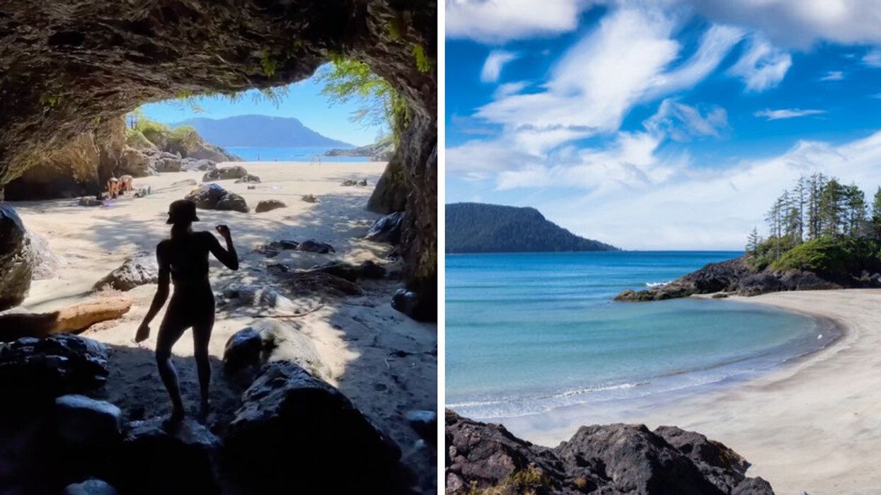 Someone at San Josef Bay. Right: San Josef Bay in Cape Scott Provincial Park.