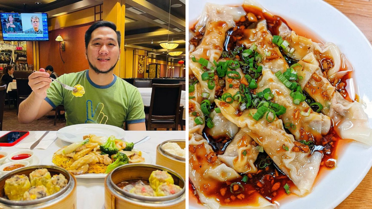 Someone at Silver Dragon Restaurant. Right: Spicy Garlic Wontons at Han's Restaurant in Calgary.