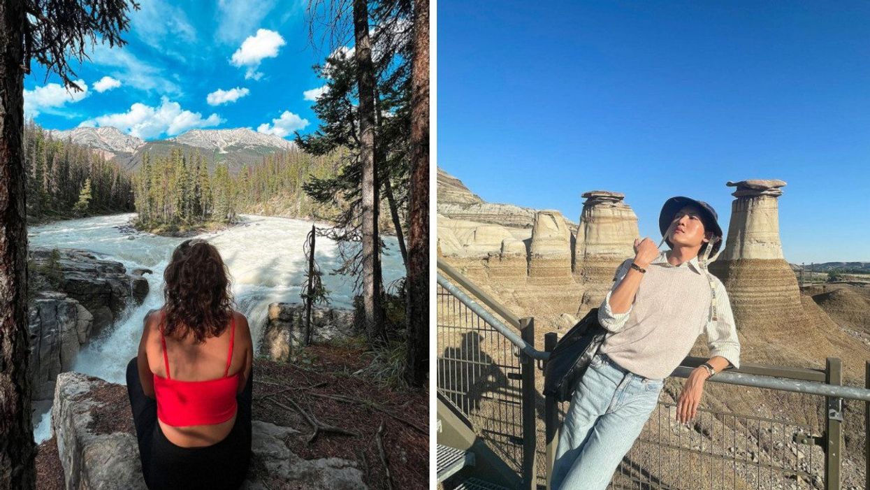 Someone at Sunwapta Falls. Right: Someone visiting Hoodoos Trail in Alberta.