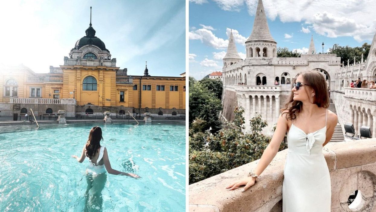 Someone at Széchenyi Baths in Budapest. Right: Someone at Fisherman's Bastion in Budapest.