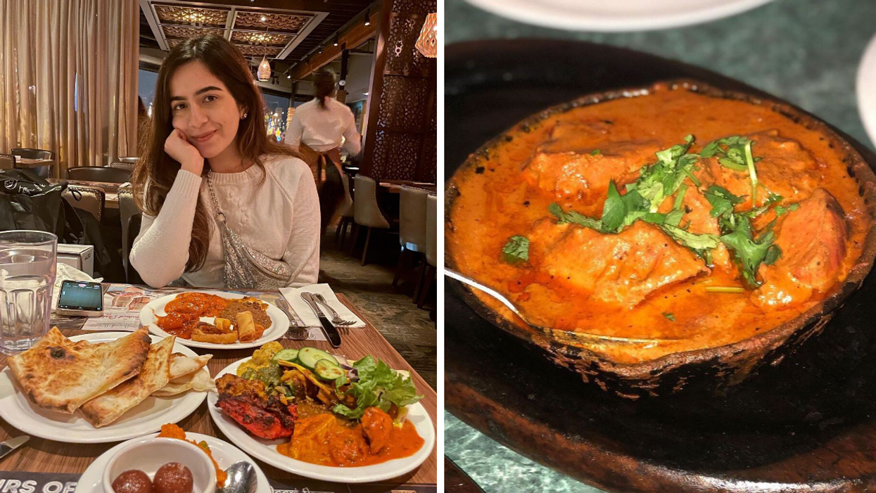 Someone at Tandoori Flame. Right: Butter chicken at Lahore Tikka House.