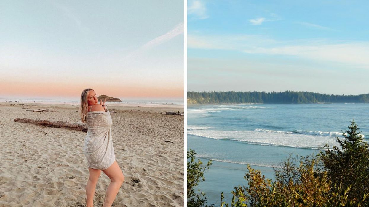 Someone at the beach in Tofino, B.C. Right: Waves in Tofino, B.C.