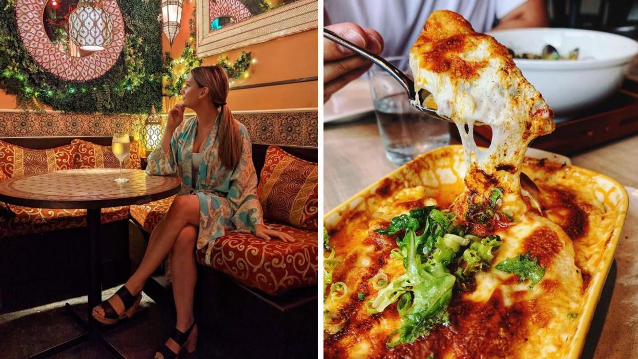 Someone at The Casbah restaurant in Calgary. Right: A Gyoza lasagne at Carino restaurant in Calgary.