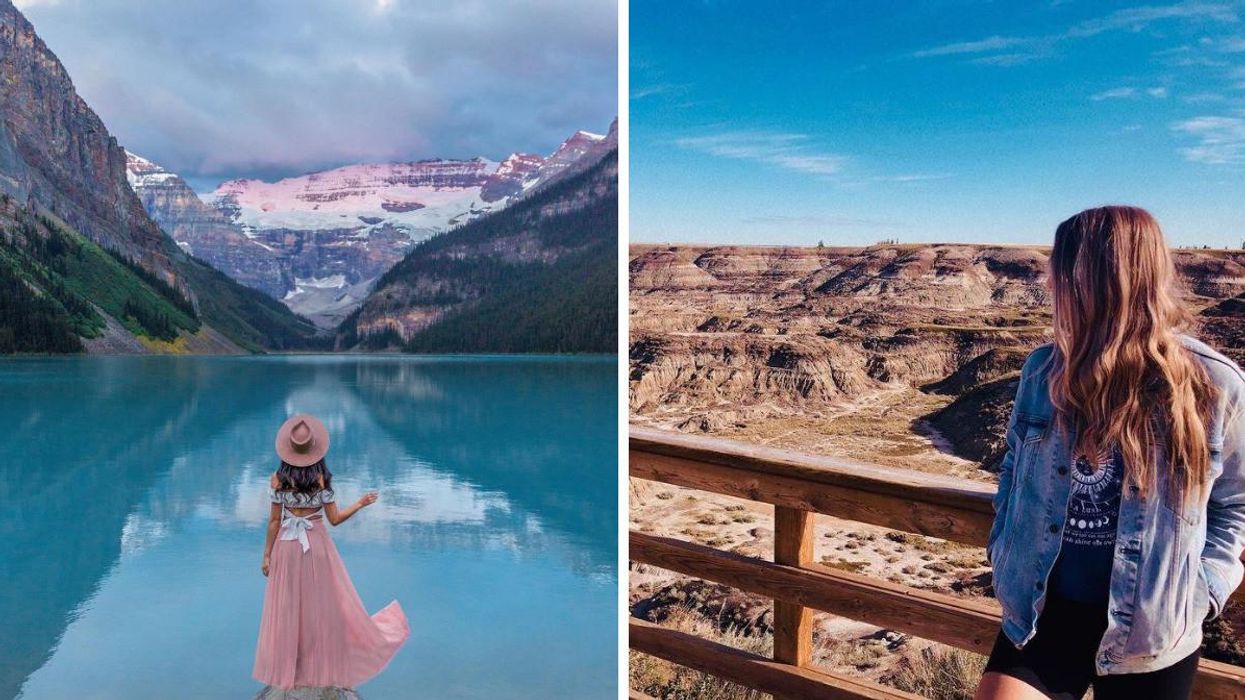 Someone at the edge of Lake Louise. Right: Someone at Horseshoe Canyon.