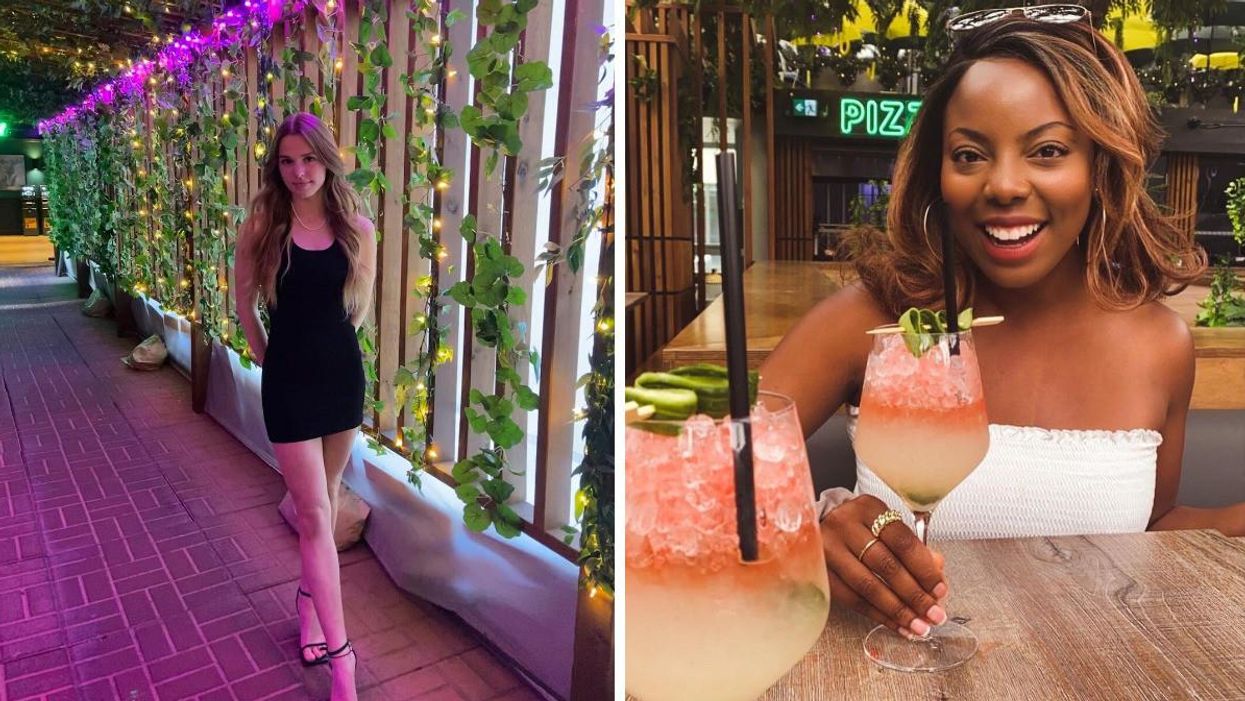 Someone at The Rooftop. Right: Someone with cocktails at The Rooftop.