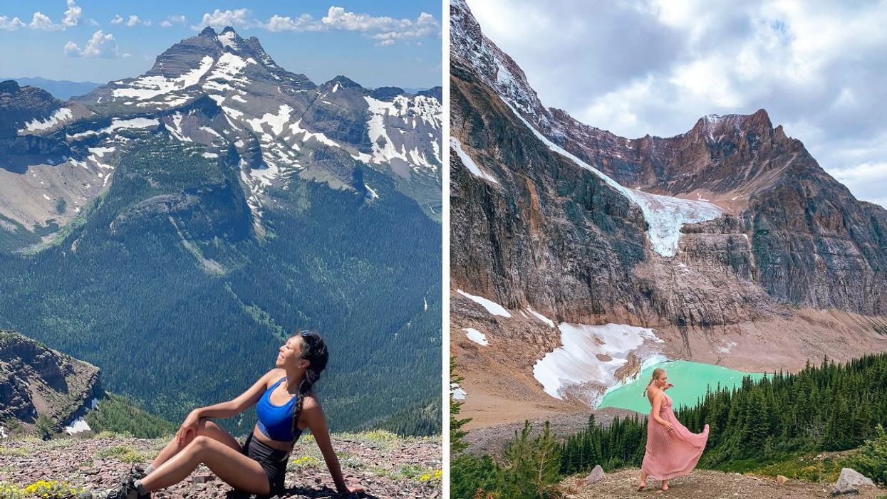 Someone at the top of Akamina Ridge. Right: Someone on Edith Cavell Meadows Trail.