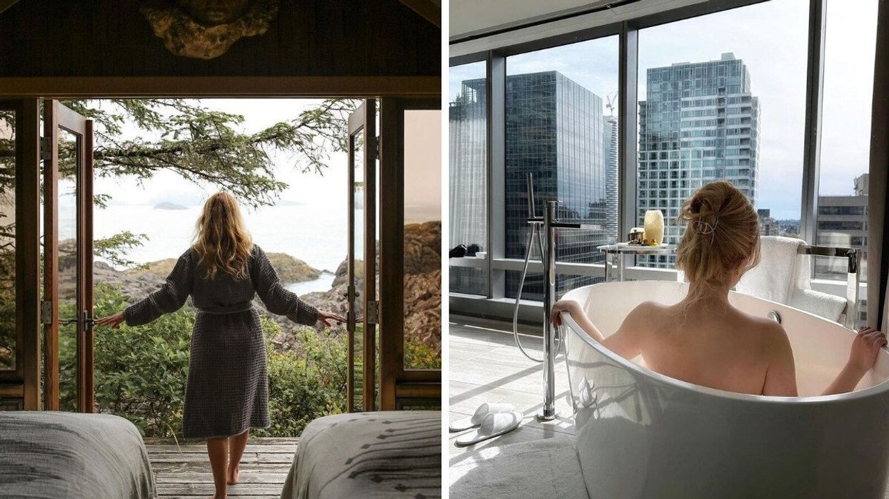 Someone at the Wickaninnish Inn in Tofino. Right: Someone in the bathtub at the Paradox Hotel in Vancouver.