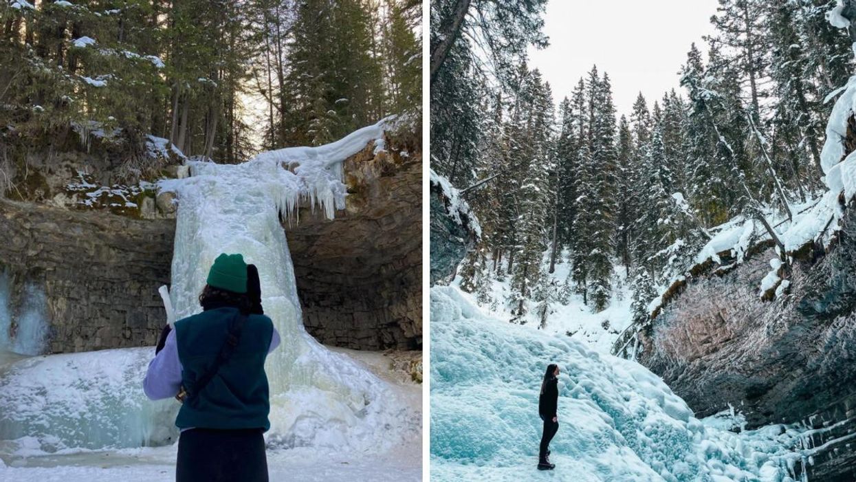 Someone at Troll Falls. Right: Someone at Johnston Canyon