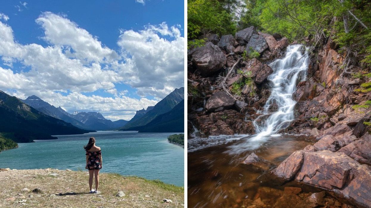 Someone at Waterton Lakes National Park. Right: A waterfall at Terra Nova National Park