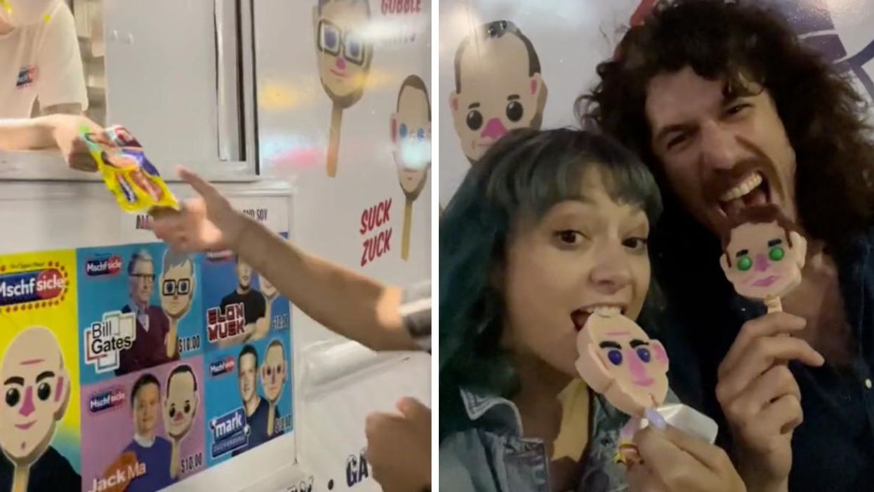 Someone buying an Eat The Rich Popsicle. Right: TikToker EatItKatie and a friend try Eat The Rich Popsicles.