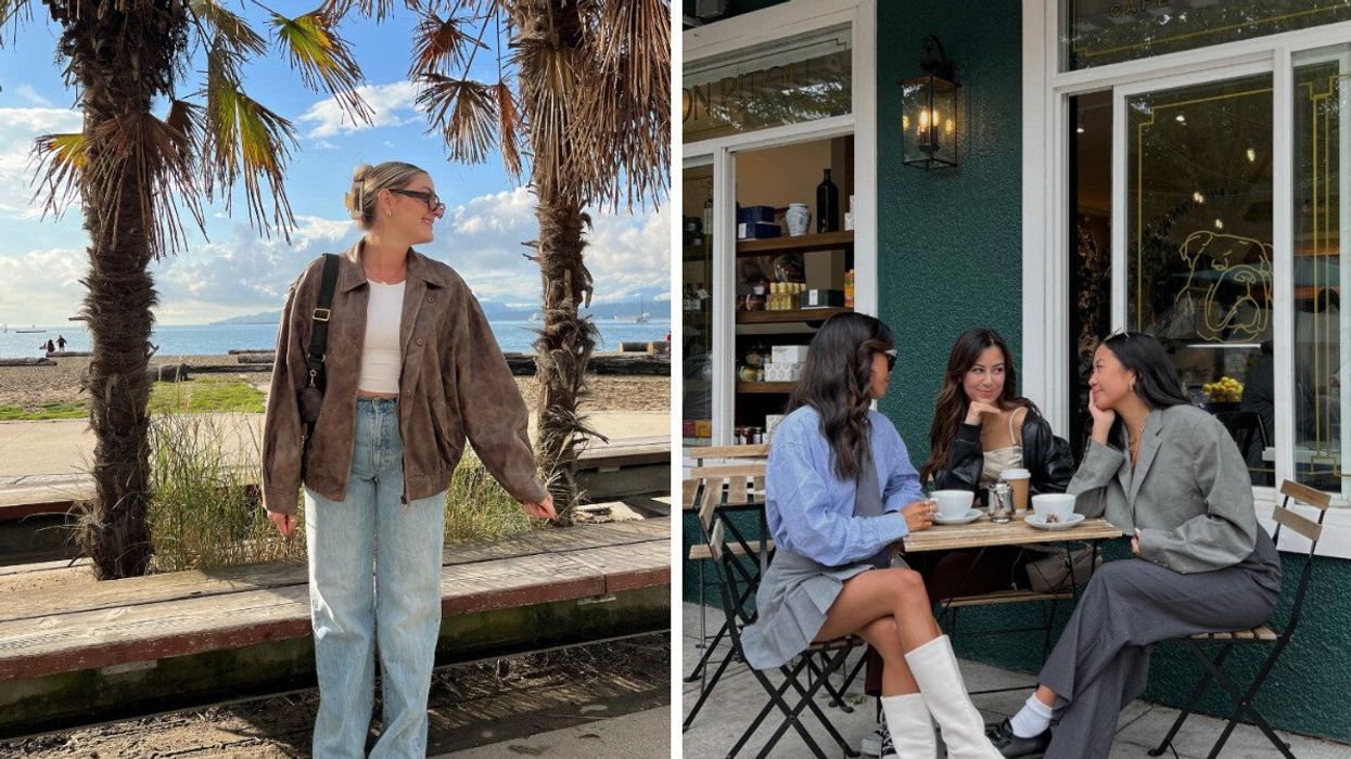 Someone by a beach. Right: People having coffee.