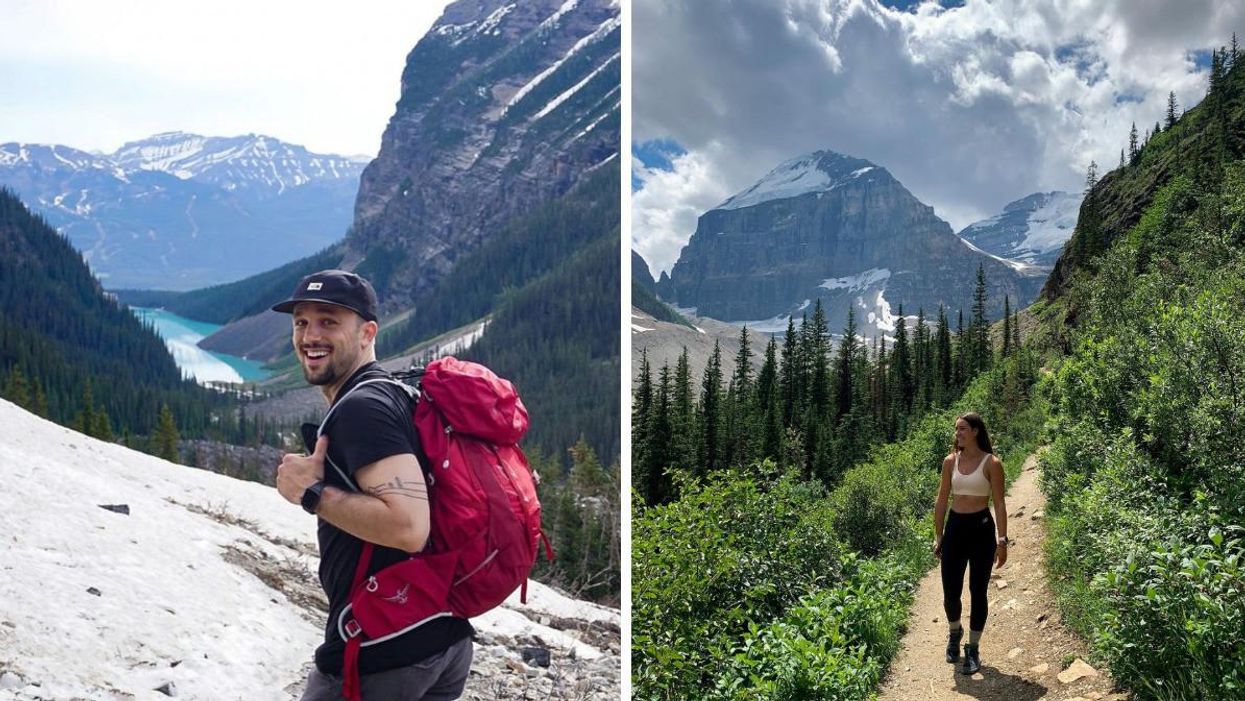 Someone by a Lake Louise viewpoint. Right: Someone on the Plain Of Six Glaciers hike.