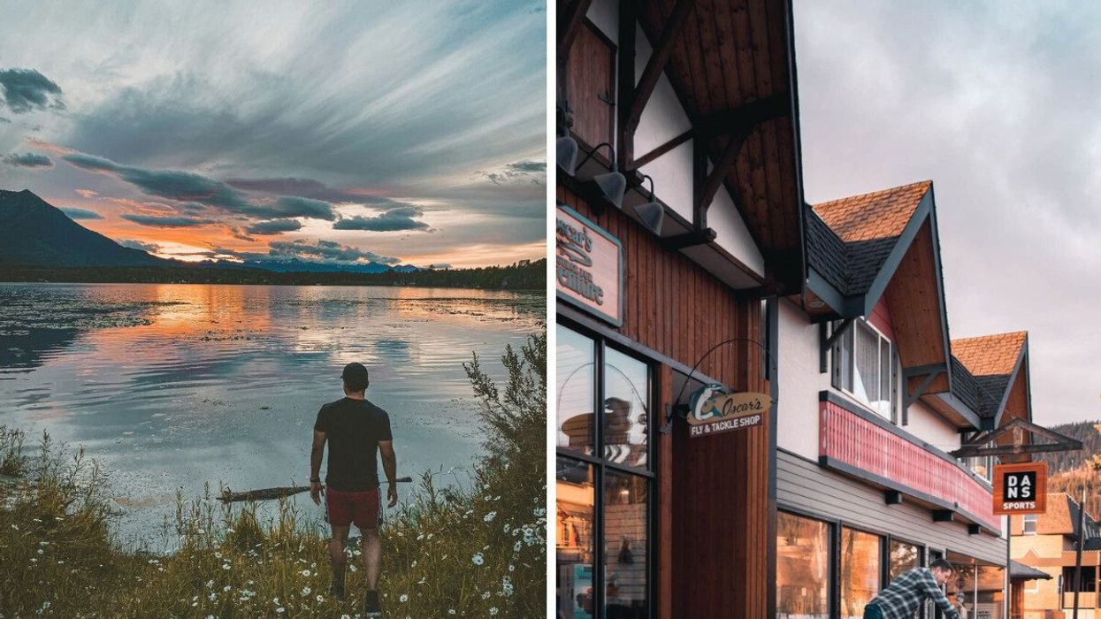 Someone by a lake. RIght: A town.