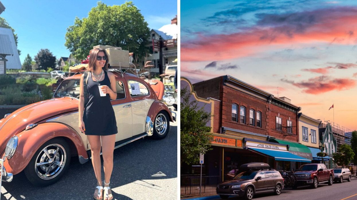 Someone by a old car. Right: A small town in BC.