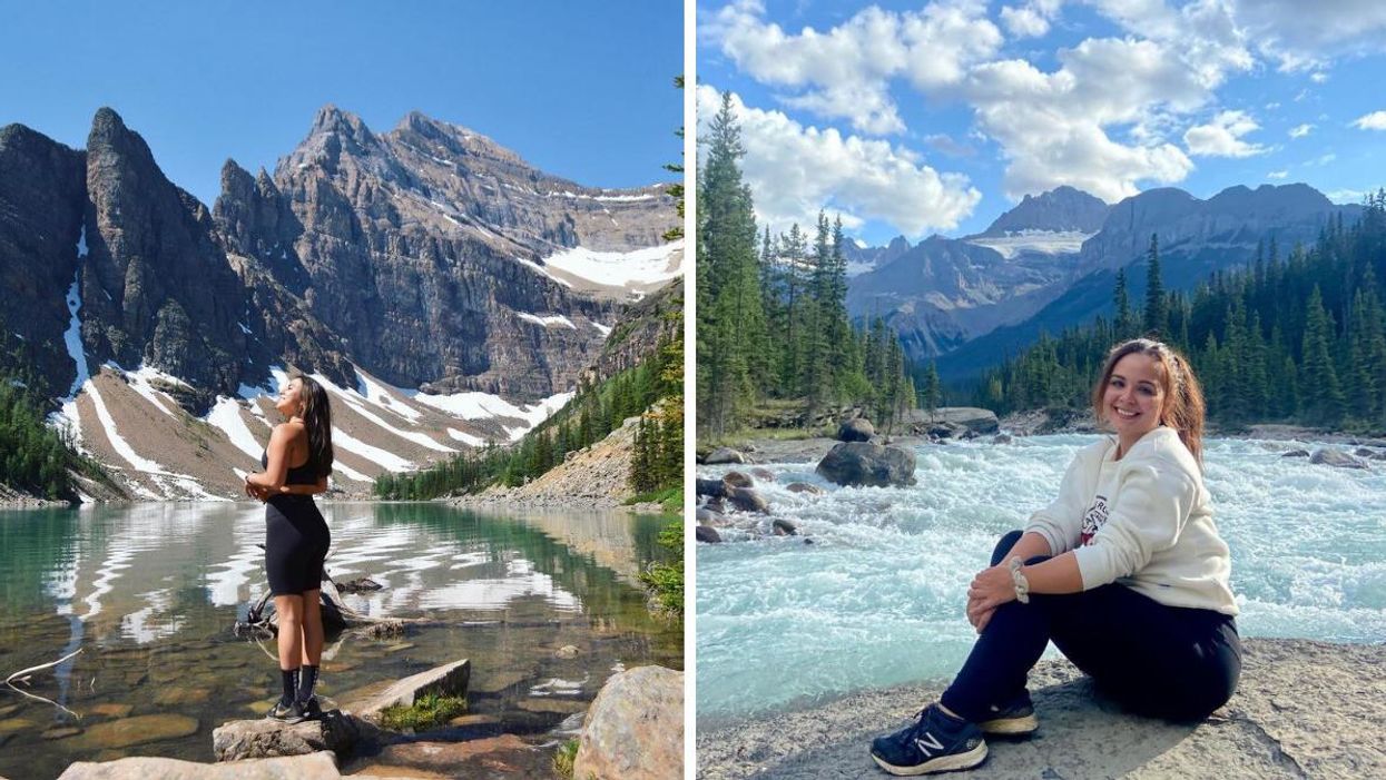 Someone by Lake Agnes. Right: Someone at Mistaya Canyon.