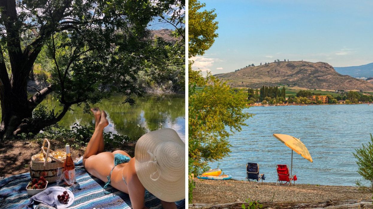 Someone by the water having a picnic. Right: A lake.