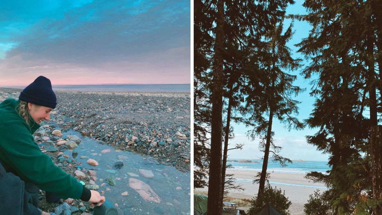 Someone camping on a beach in New Brunswick. Right: A campsite on a beach in Tofino, B.C.