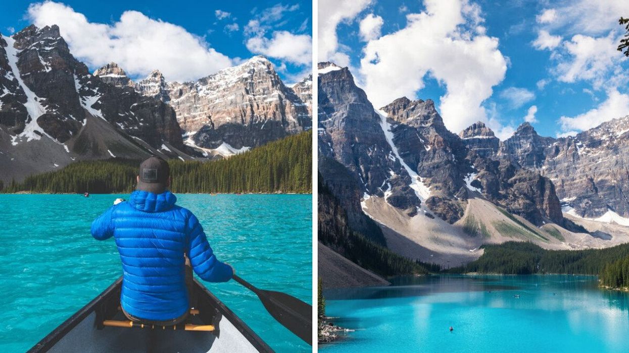 Someone canoeing on Moraine Lake. Right: Moraine Lake.
